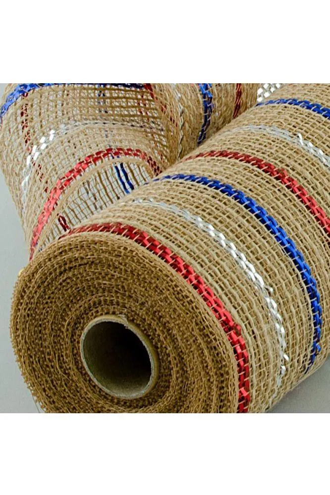 10" Poly Jute Deco Mesh Ribbon: Natural Patriotic Metallic Foil Stripes