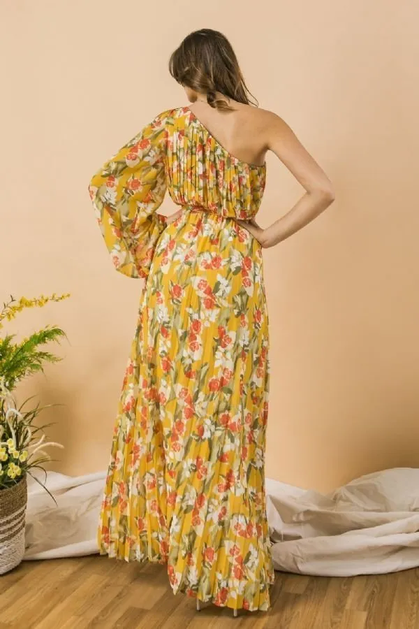 A Printed Woven One Shoulder Maxi Dress