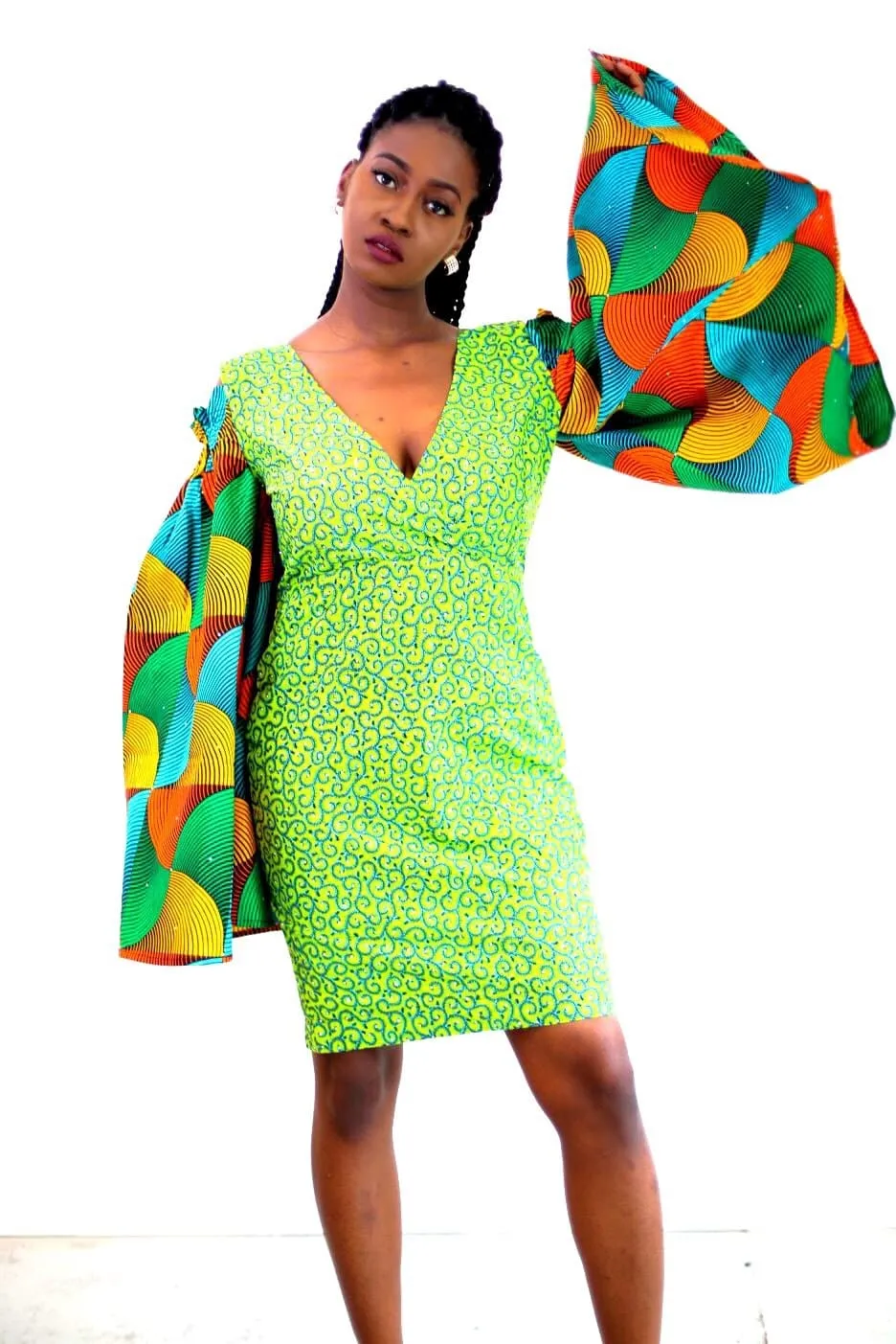 African Print Ankara Fitted Green Dress with Cut-out Sleeves