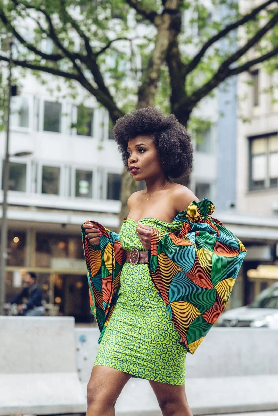 African Print Ankara Fitted Green Dress with Cut-out Sleeves