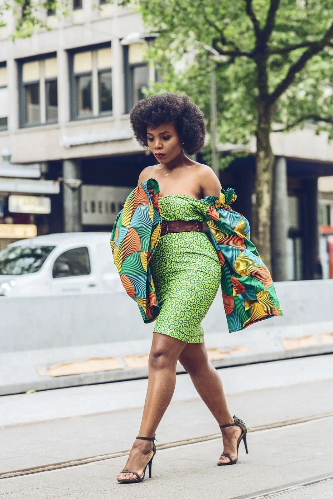 African Print Ankara Fitted Green Dress with Cut-out Sleeves