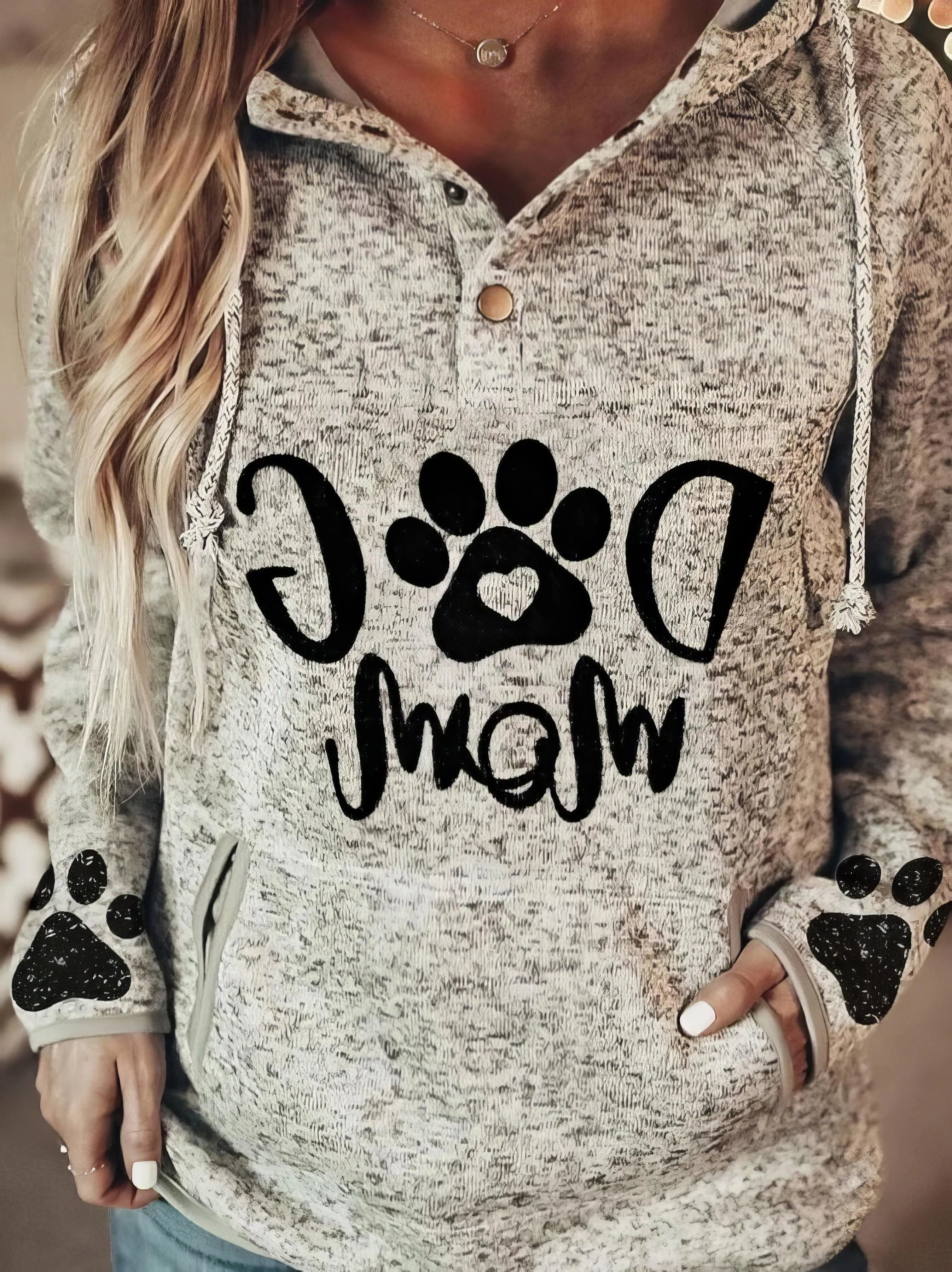 Animal Paw Print Pullover Button Hoodie - Gray - Women's Casual/Fashion Style