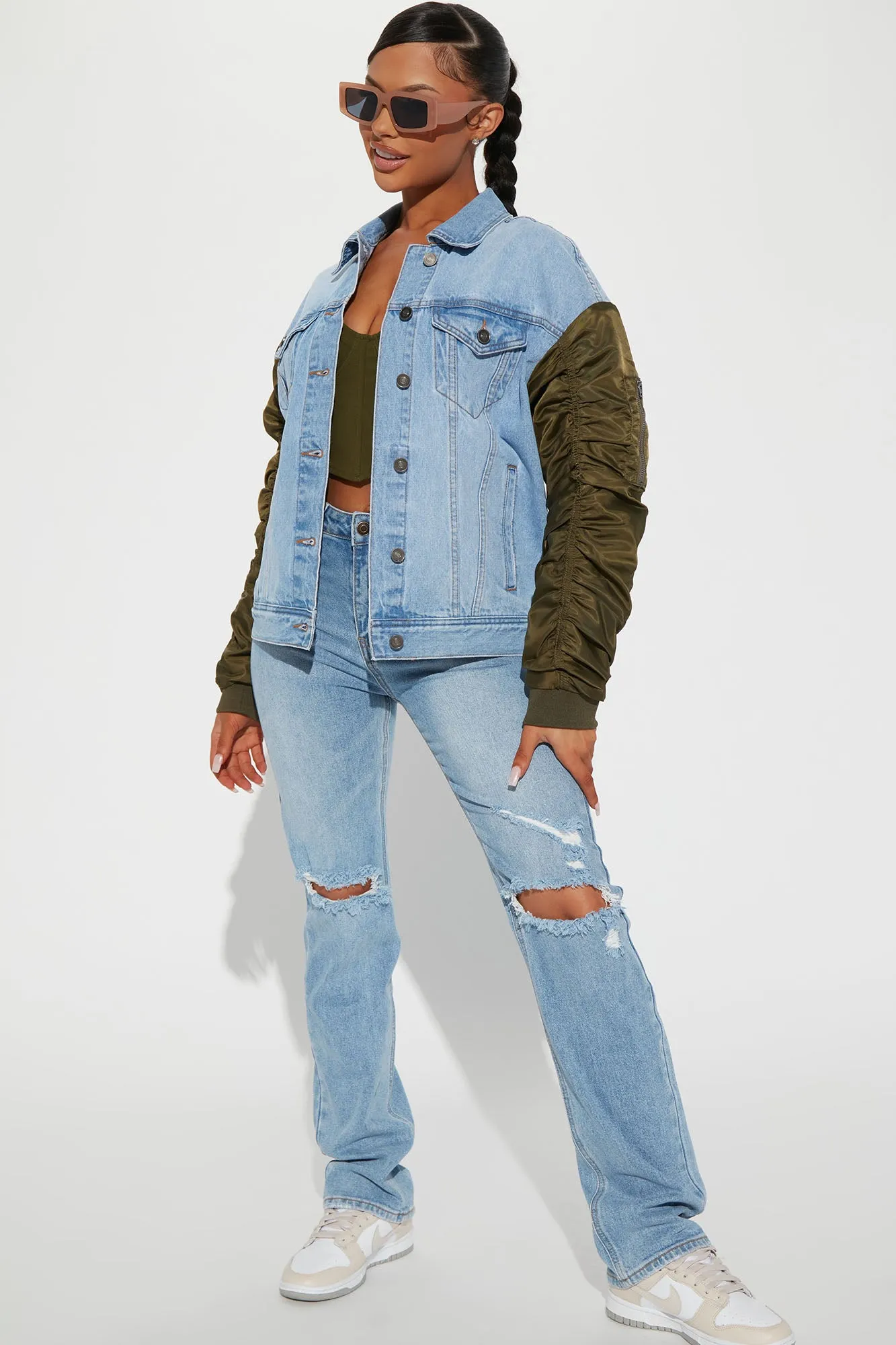 Aspen Contrast Sleeve Denim Jacket - Medium Wash