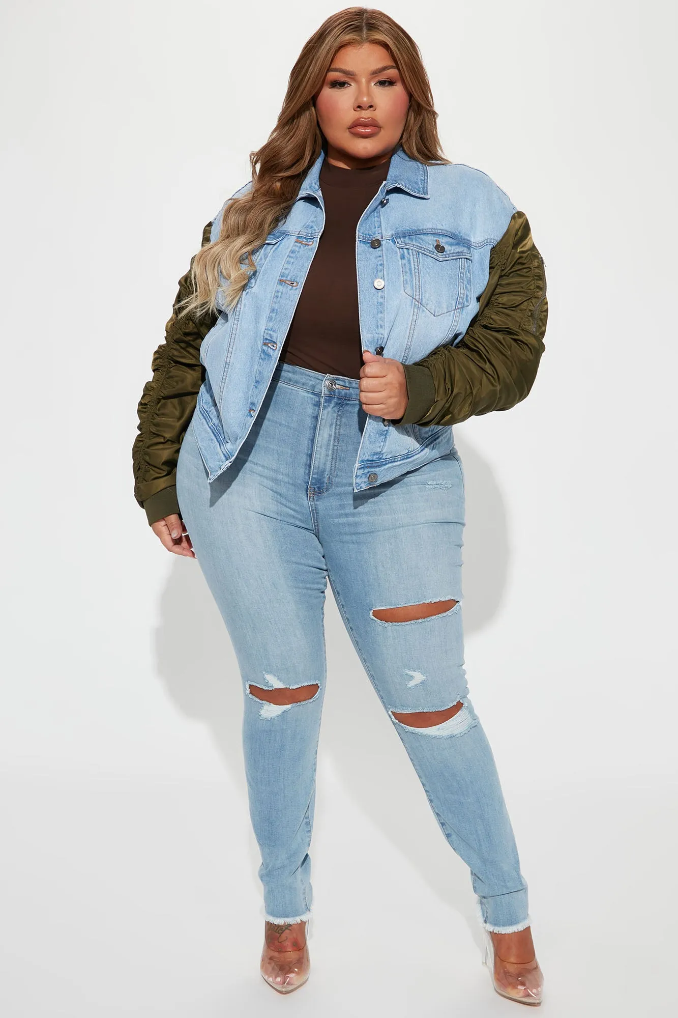 Aspen Contrast Sleeve Denim Jacket - Medium Wash