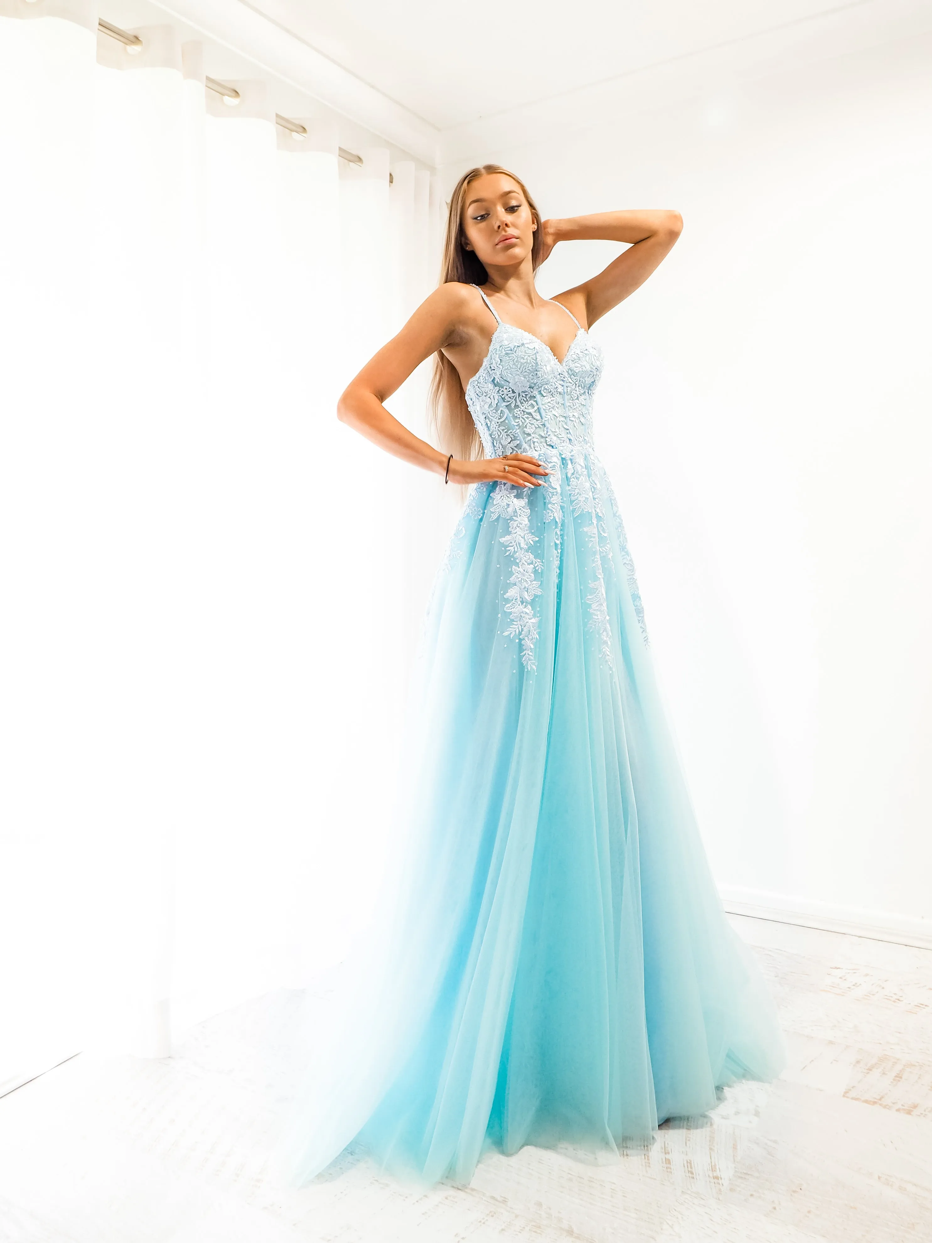 Baby blue tulle corset lace princess dress with lace up back