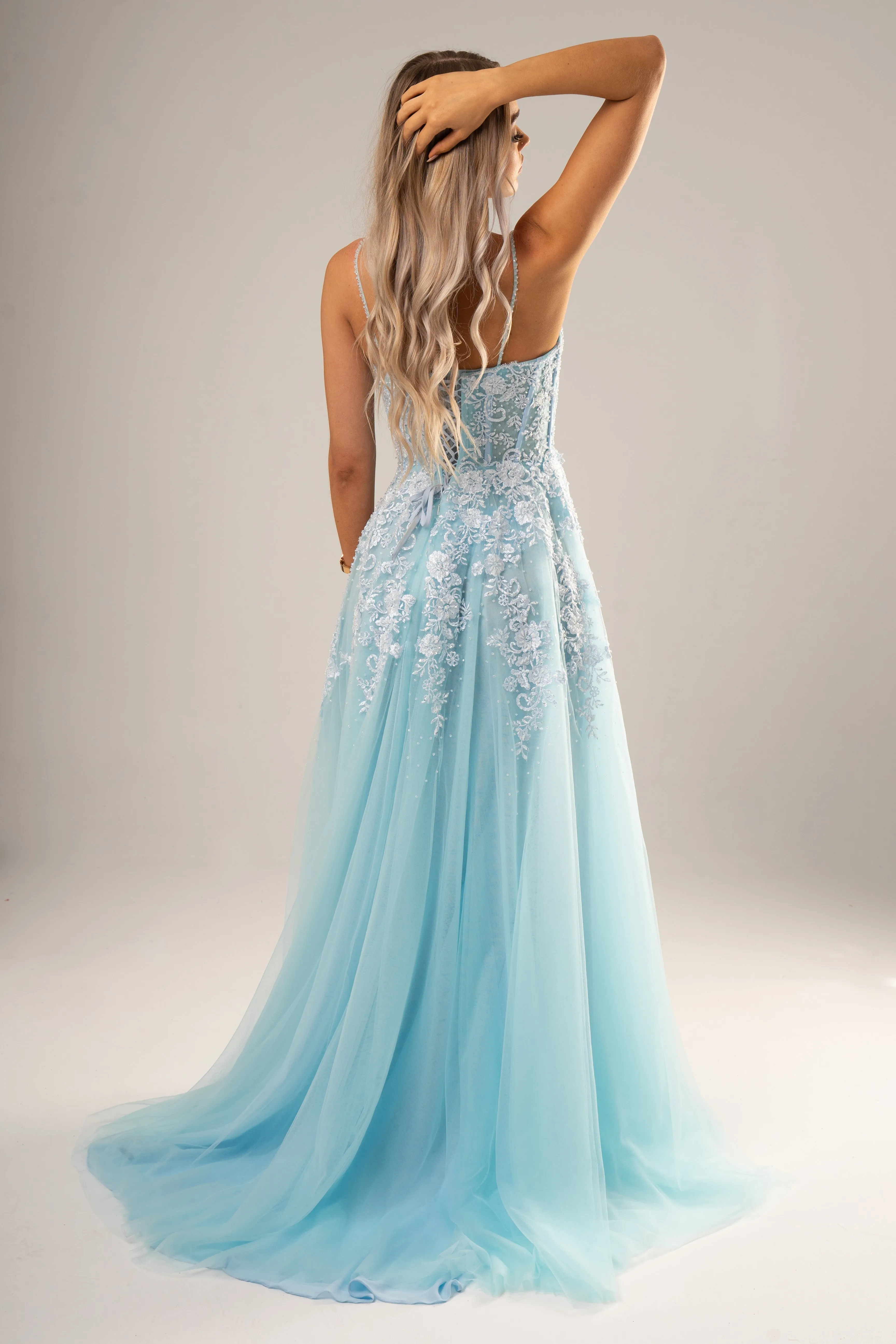 Baby blue tulle corset lace princess dress with lace up back