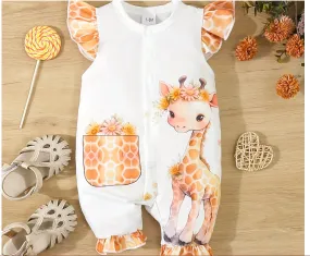 Baby Girl Romper - Baby Girl Giraffe Print Sleeveless Summer Flying Sleeve Ruffled Fake Pocket Romper