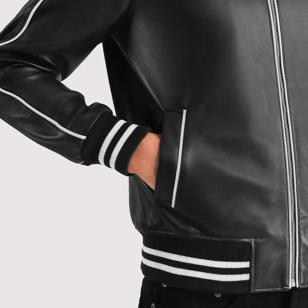 Black Leather Varsity Jacket for Men