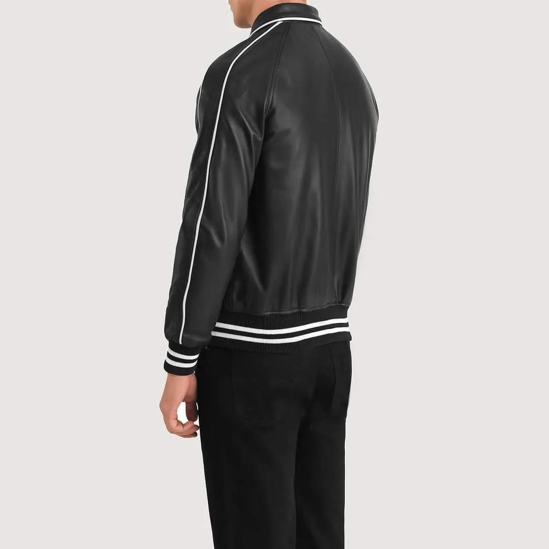 Black Leather Varsity Jacket for Men