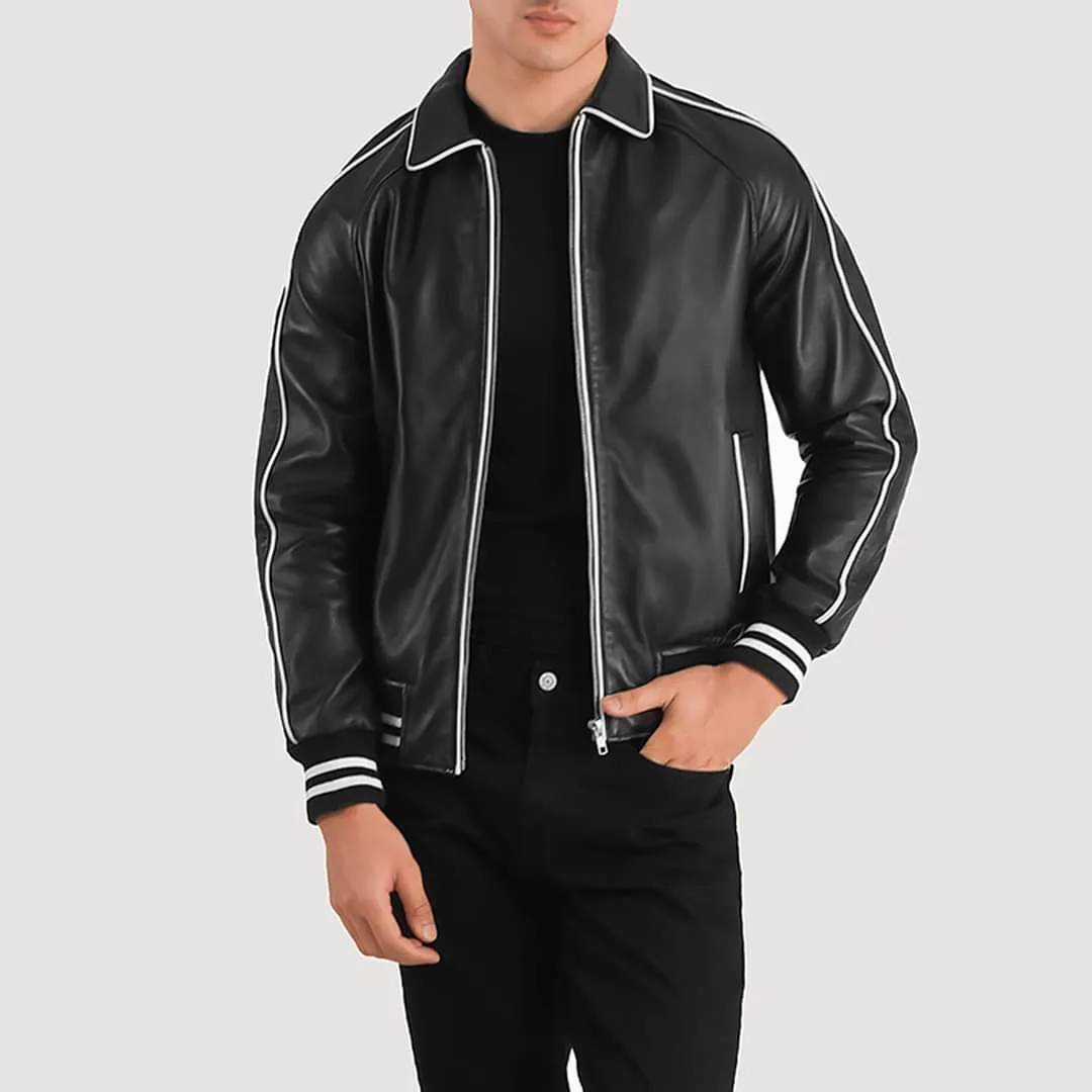 Black Leather Varsity Jacket for Men