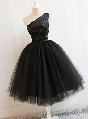 Black Tulle One Shoulder Elegant Tea Length Party Dress, Black Formal Dress