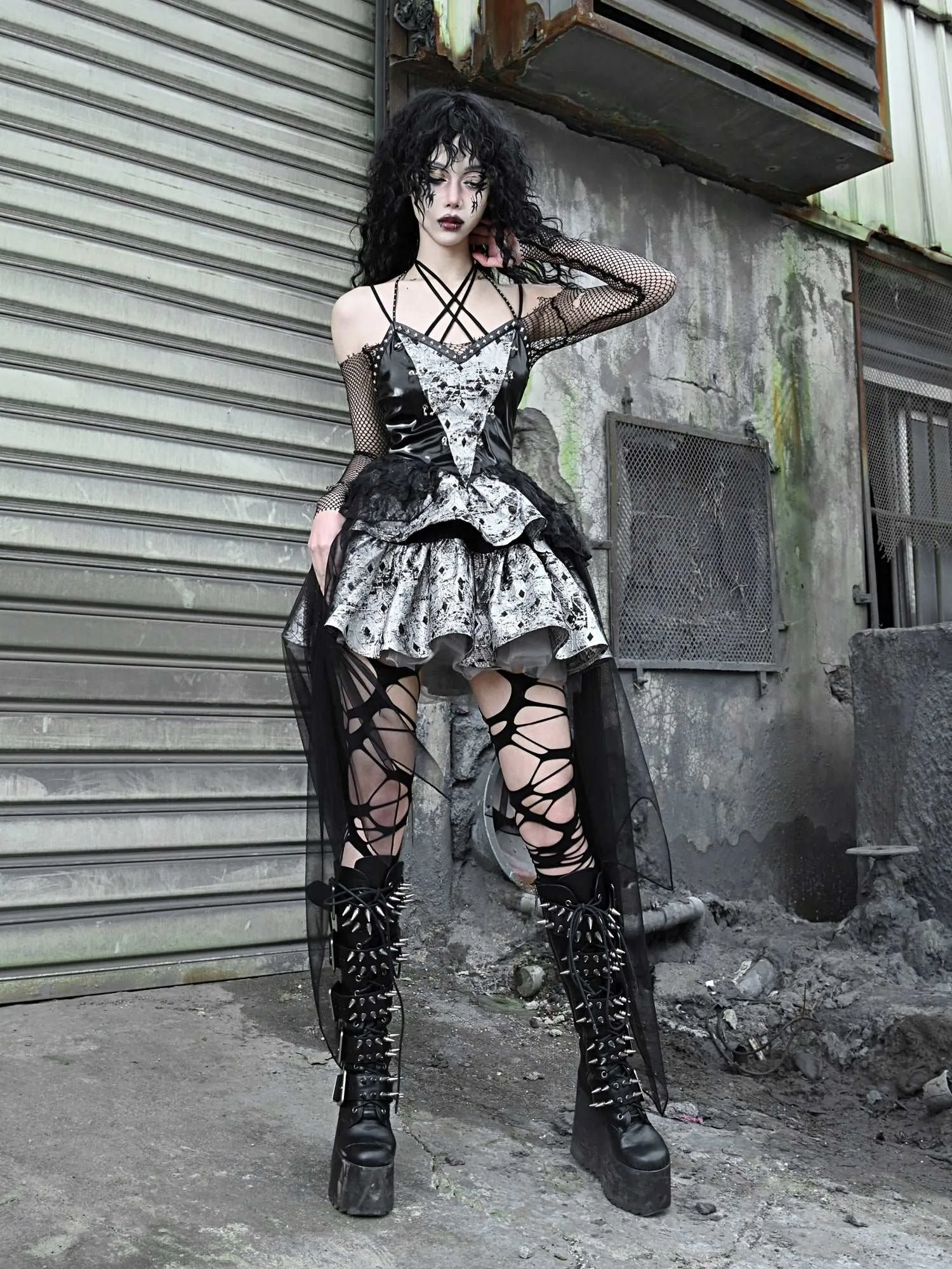 Blood Supply Metal Gothic Punk Fishing Net Mesh Halter Neck Suspender Dress