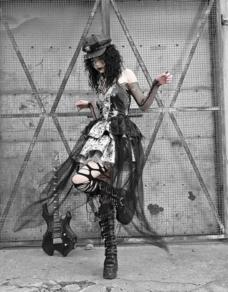 Blood Supply Metal Gothic Punk Fishing Net Mesh Halter Neck Suspender Dress