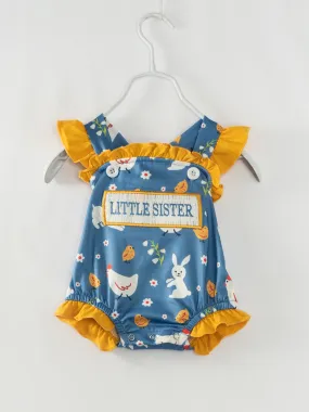 Blue Chicken LITTLE SISTER Ruffle Smocked Baby Girl Romper