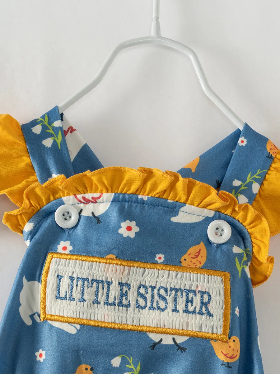 Blue Chicken LITTLE SISTER Ruffle Smocked Baby Girl Romper