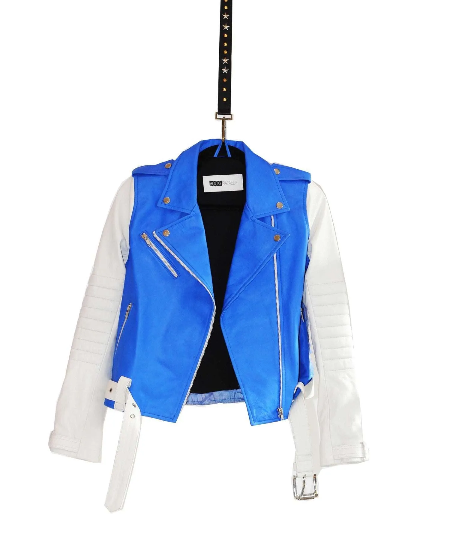 Blue Leather Carved Biker Jacket - Blue and White