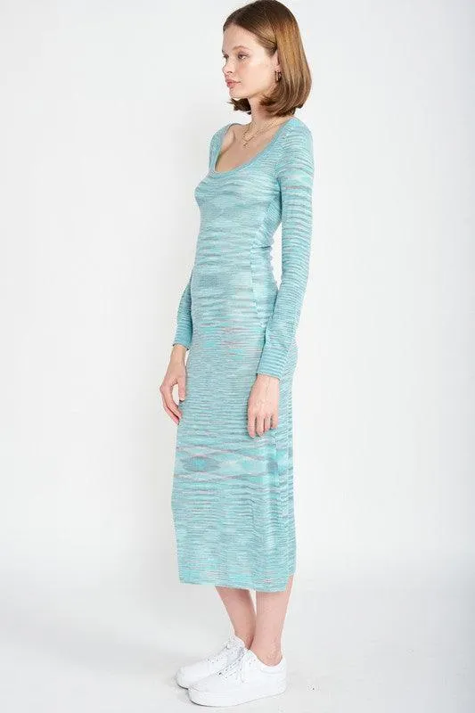 Blue Multi Scoop Neck Sweater Midi Dress