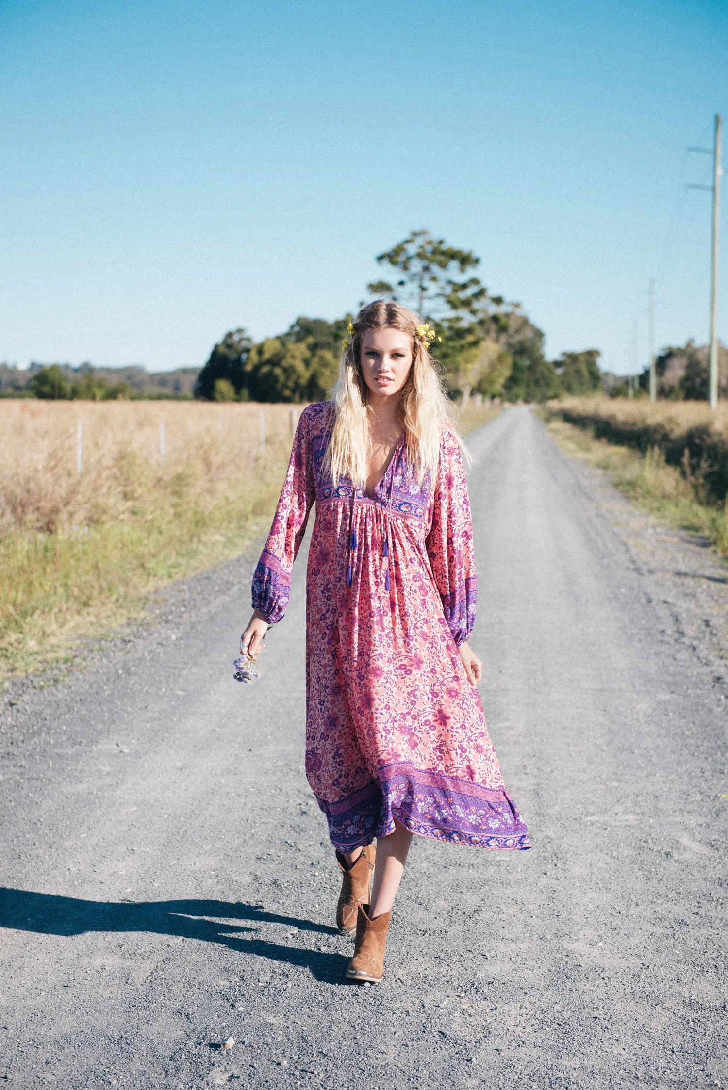 Boho Maxi Dress "Folk Town" Pink & Purple Floral Peasant Sleeved Long Festival Gown Small Medium Or Large