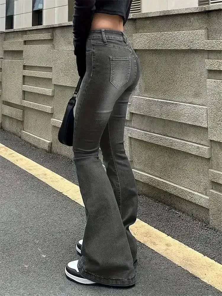 Bonnyshow Vintage Flared Stretch Jeans Women High Waist Skinny Boot Cut Gray Denim Pants Y2K Punk Streetwear Wide Leg Trousers