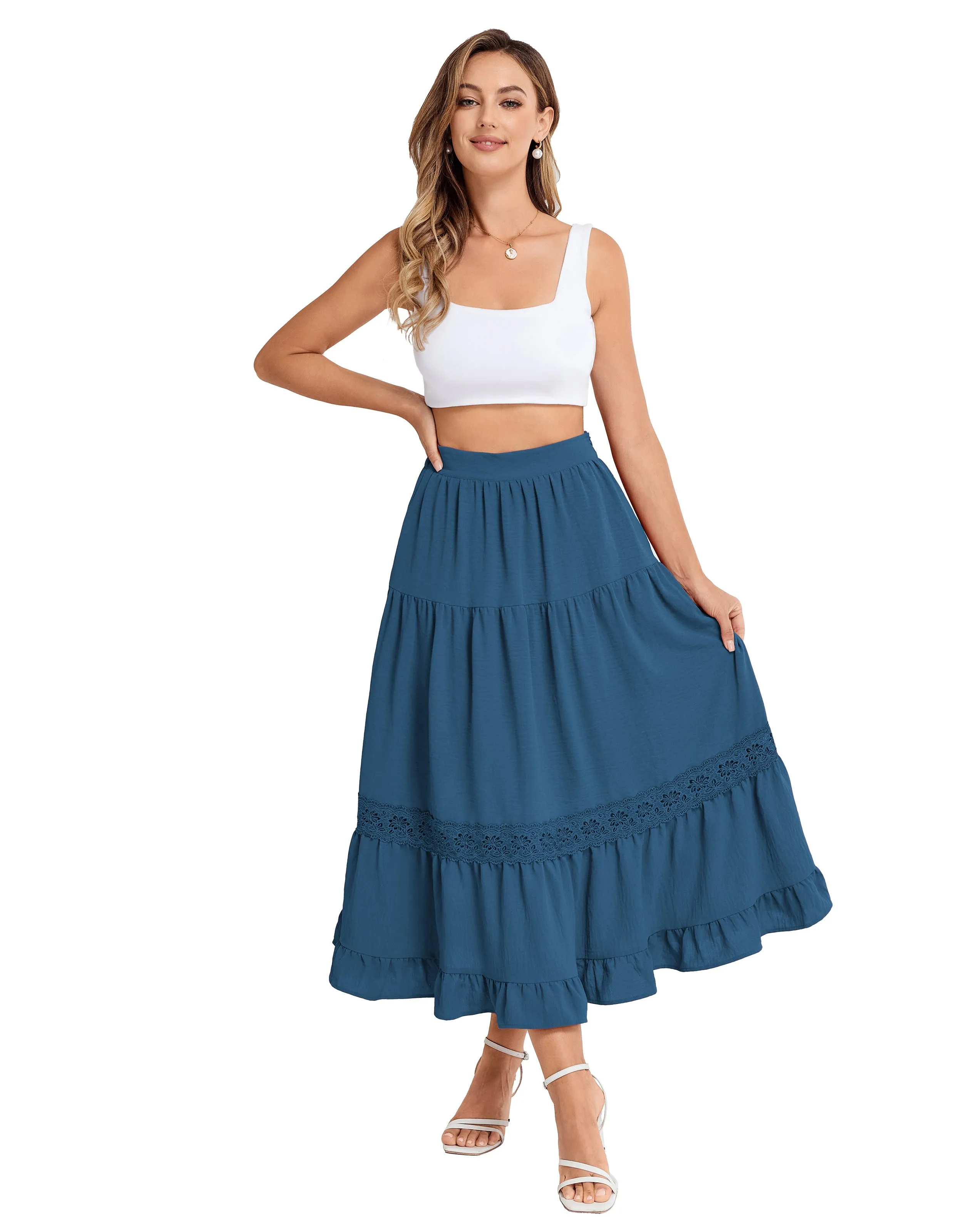 BP Women Vintage Tiered Swing Skirt Elastic Waist Ruffled Hem Mid-Calf Skirt