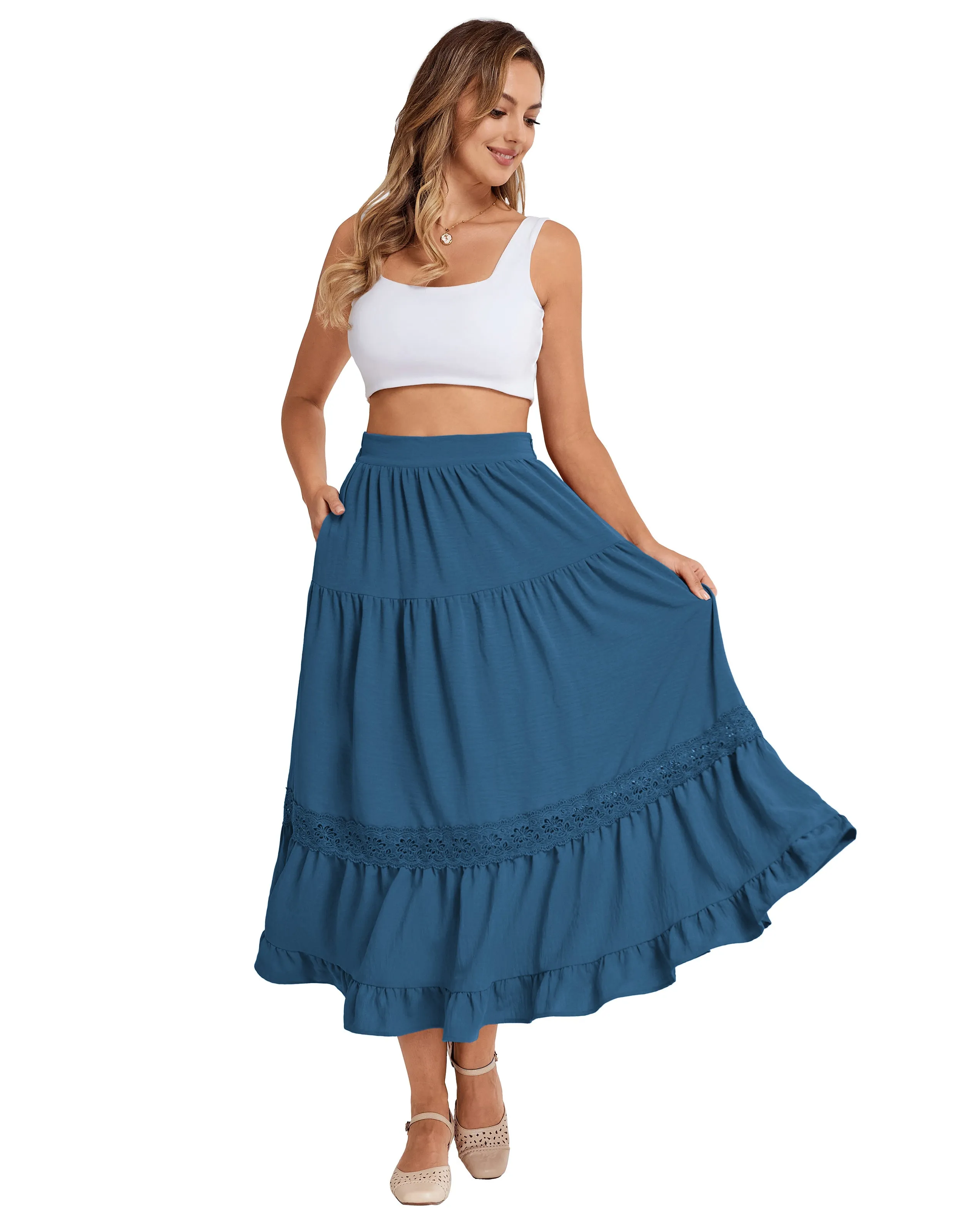 BP Women Vintage Tiered Swing Skirt Elastic Waist Ruffled Hem Mid-Calf Skirt