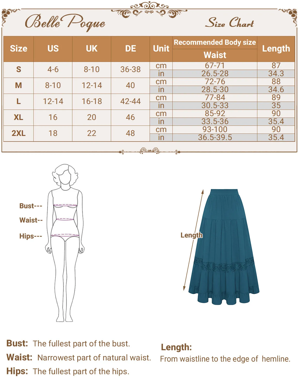 BP Women Vintage Tiered Swing Skirt Elastic Waist Ruffled Hem Mid-Calf Skirt