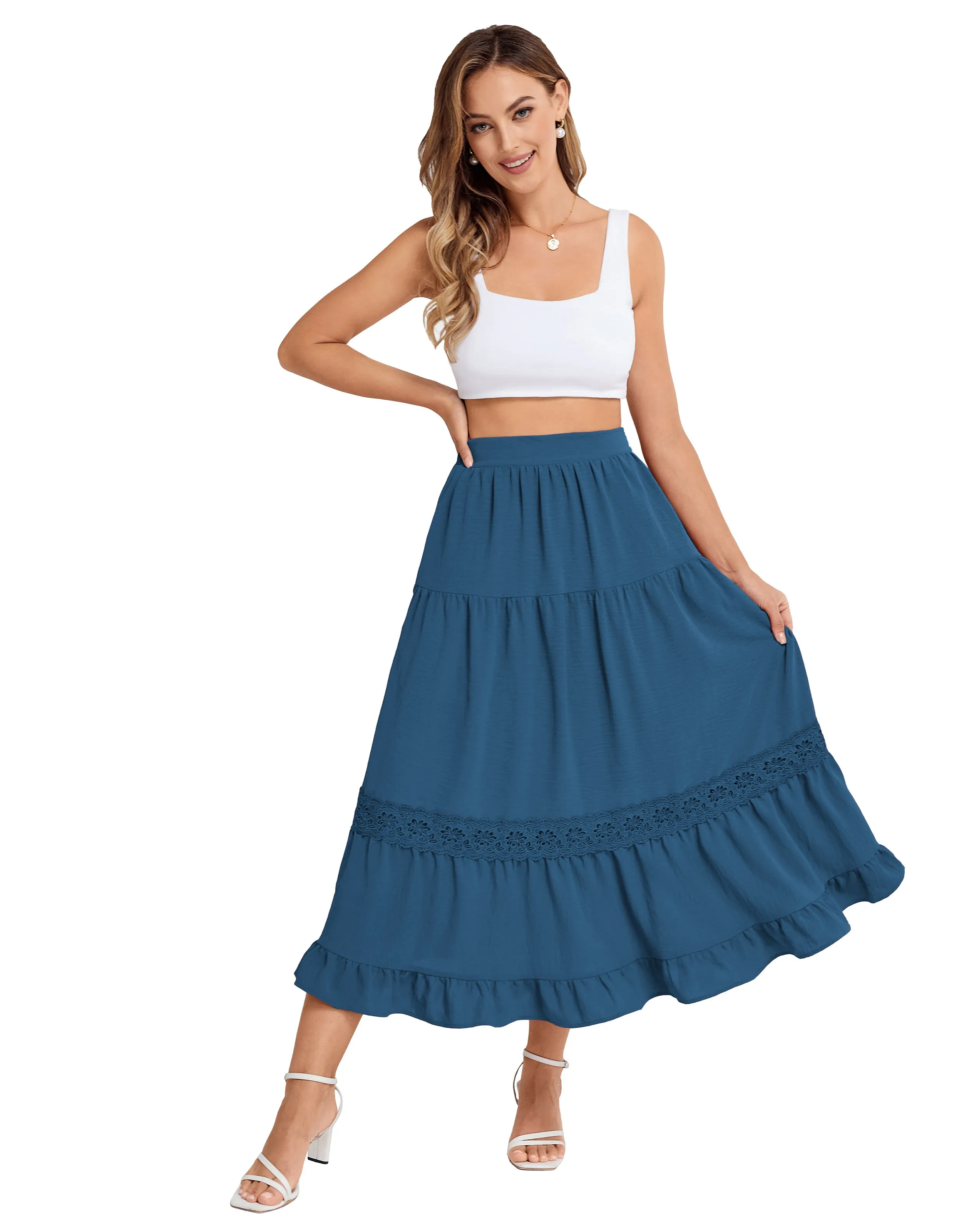 BP Women Vintage Tiered Swing Skirt Elastic Waist Ruffled Hem Mid-Calf Skirt