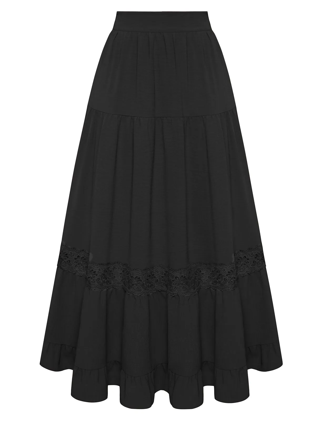 BP Women Vintage Tiered Swing Skirt Elastic Waist Ruffled Hem Mid-Calf Skirt