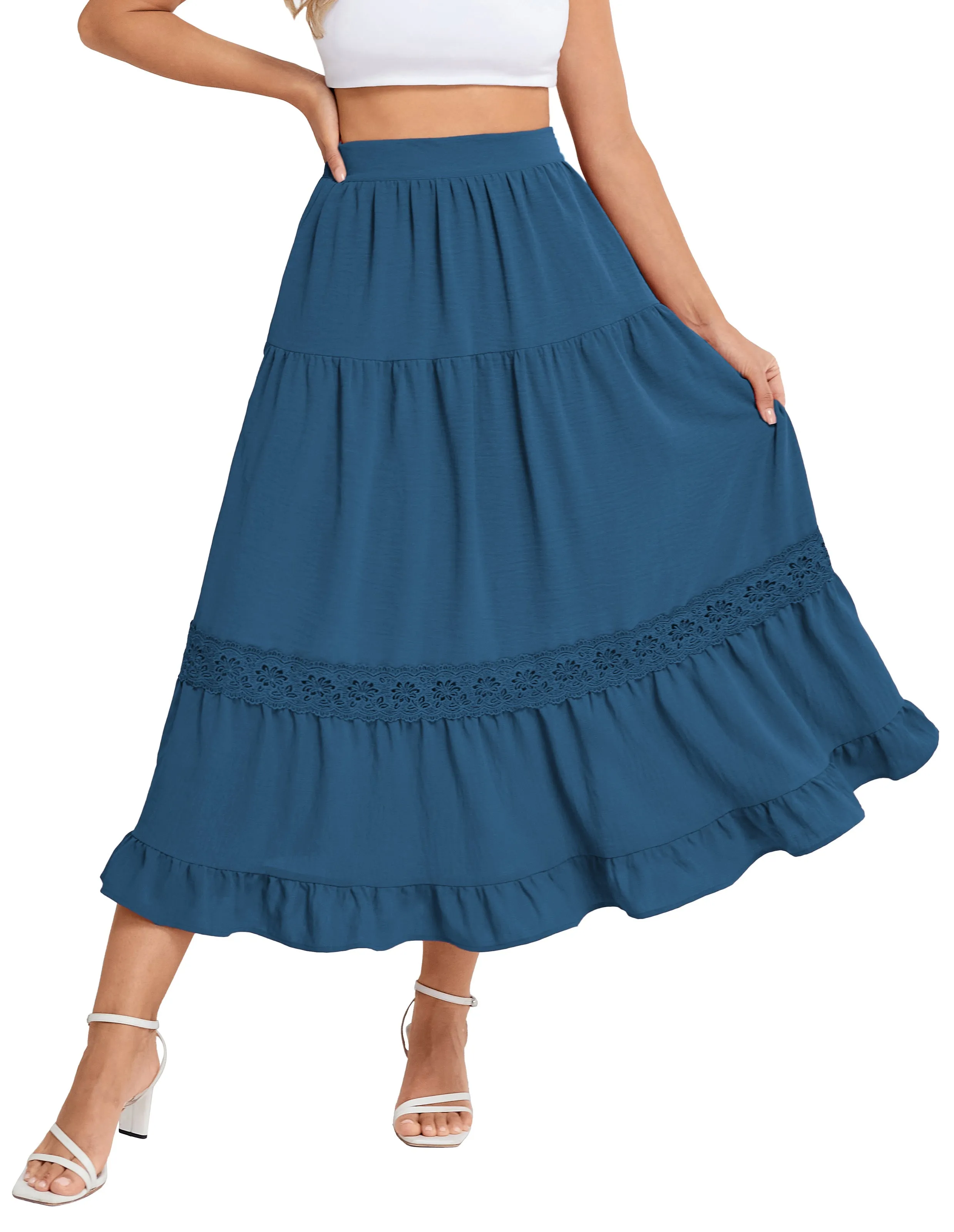 BP Women Vintage Tiered Swing Skirt Elastic Waist Ruffled Hem Mid-Calf Skirt