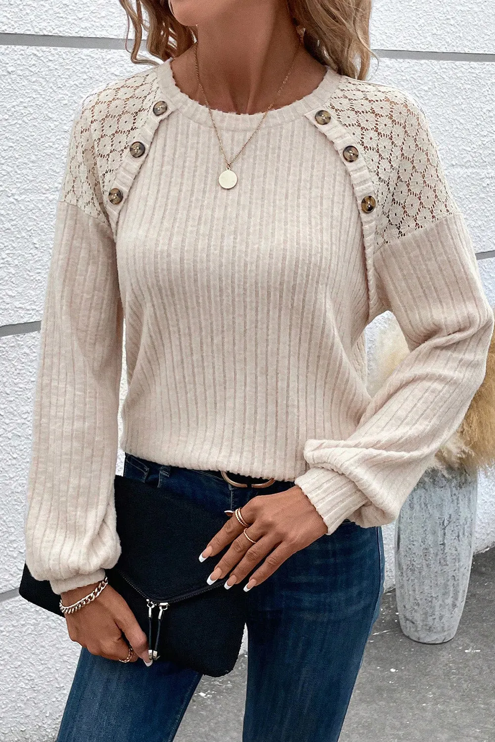 Button Detail Knitted Sweater with Lace Raglan Sleeves