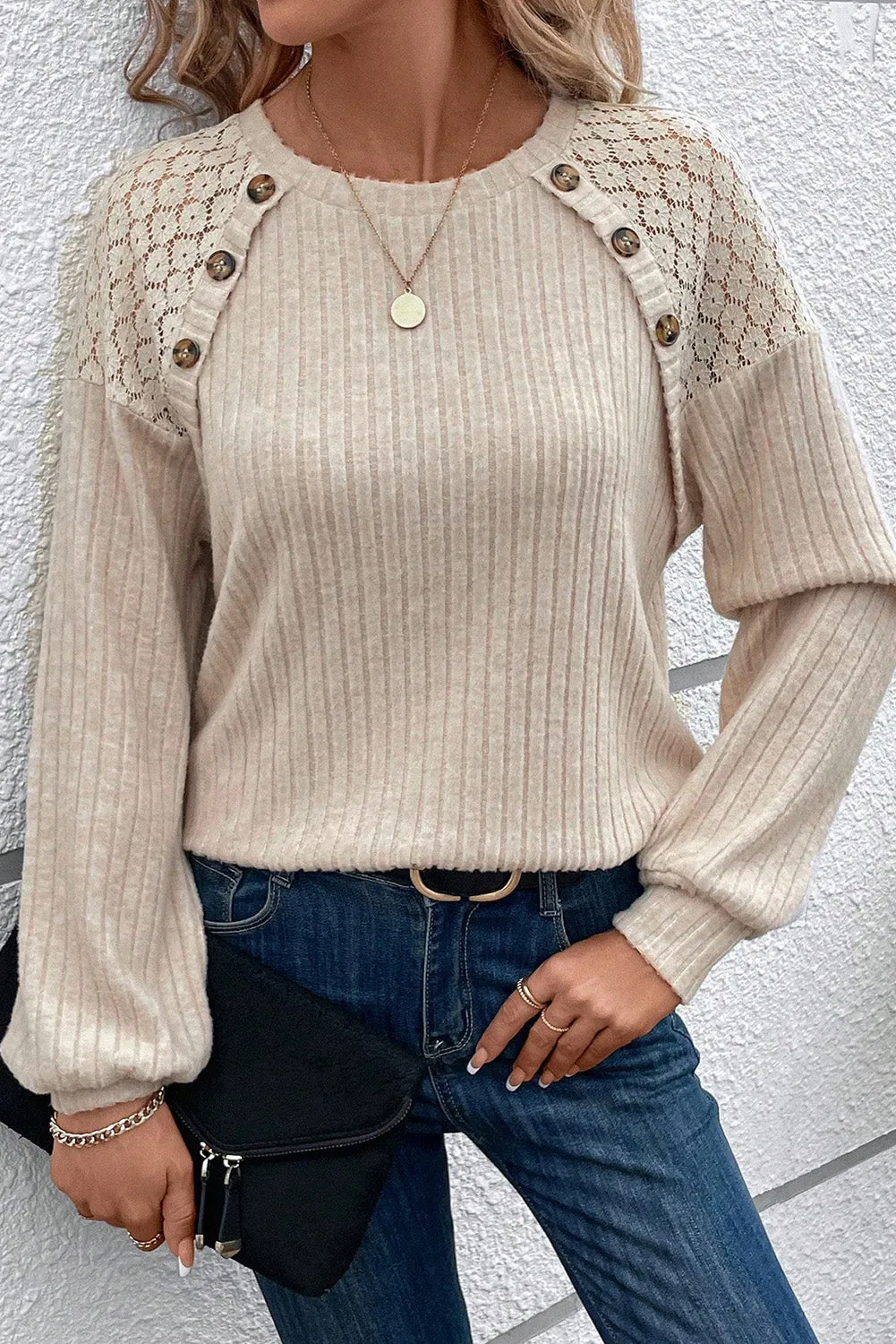 Button Detail Knitted Sweater with Lace Raglan Sleeves