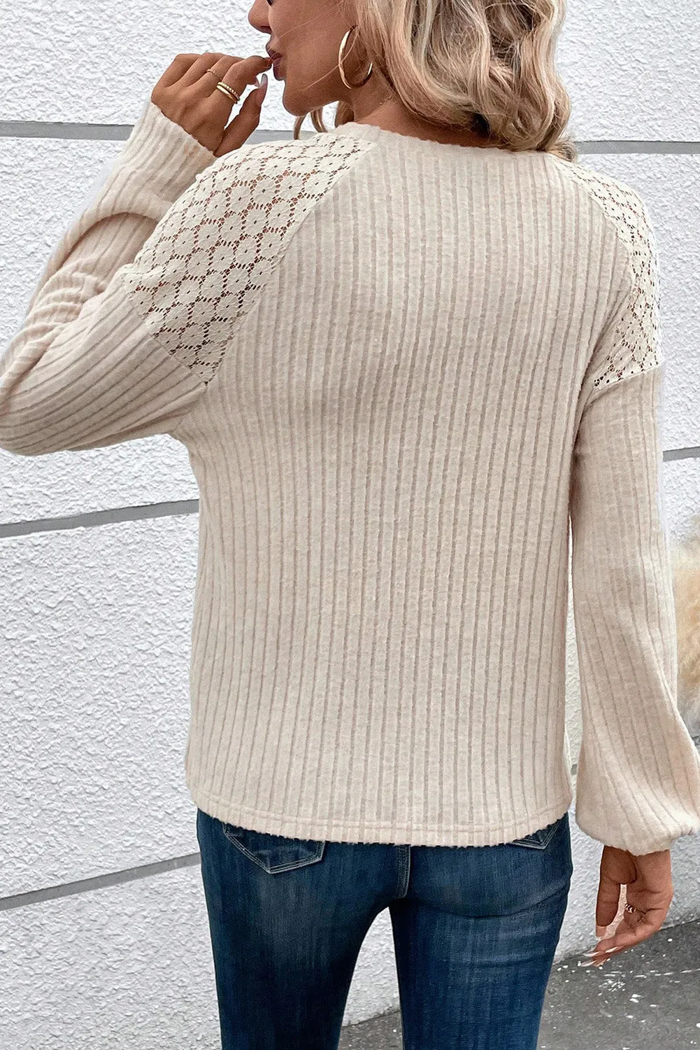 Button Detail Knitted Sweater with Lace Raglan Sleeves