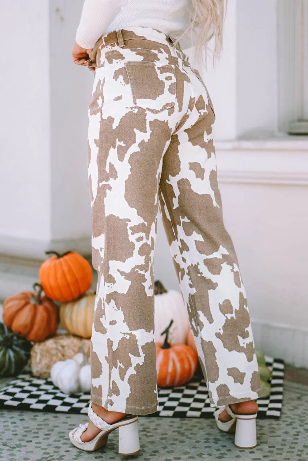 Casual Cow Print Flared Jeans