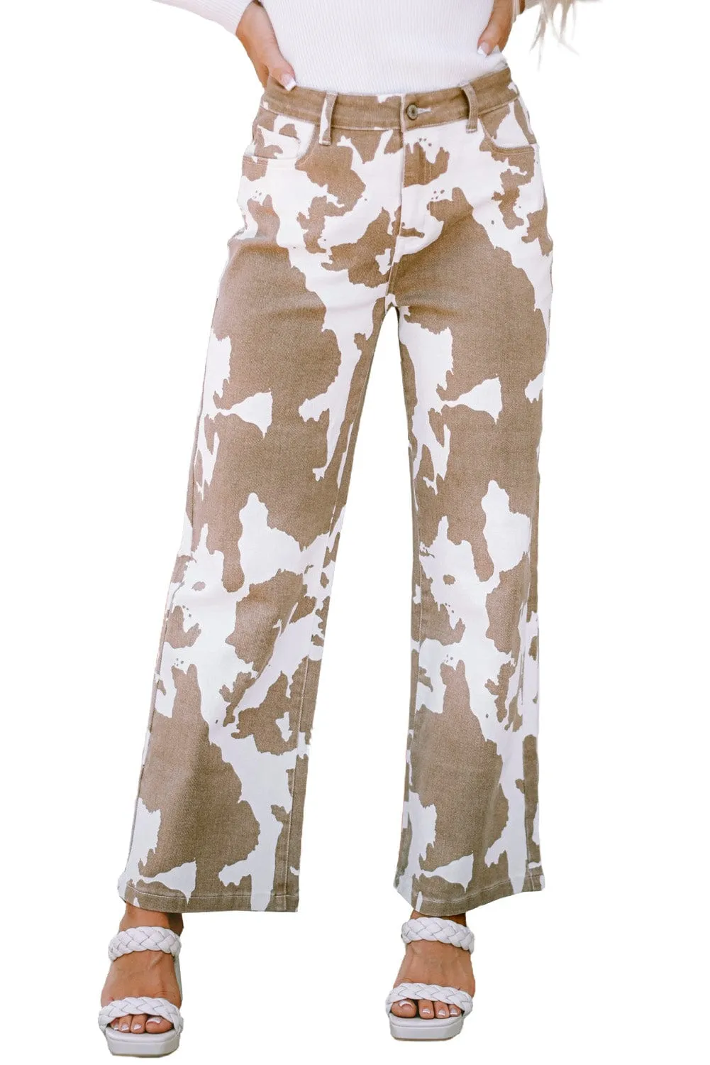 Casual Cow Print Flared Jeans