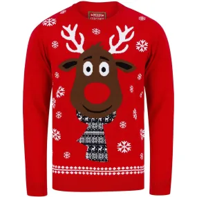 Christmas Rudolph Scarf Motif Mens Christmas Jumper - Red