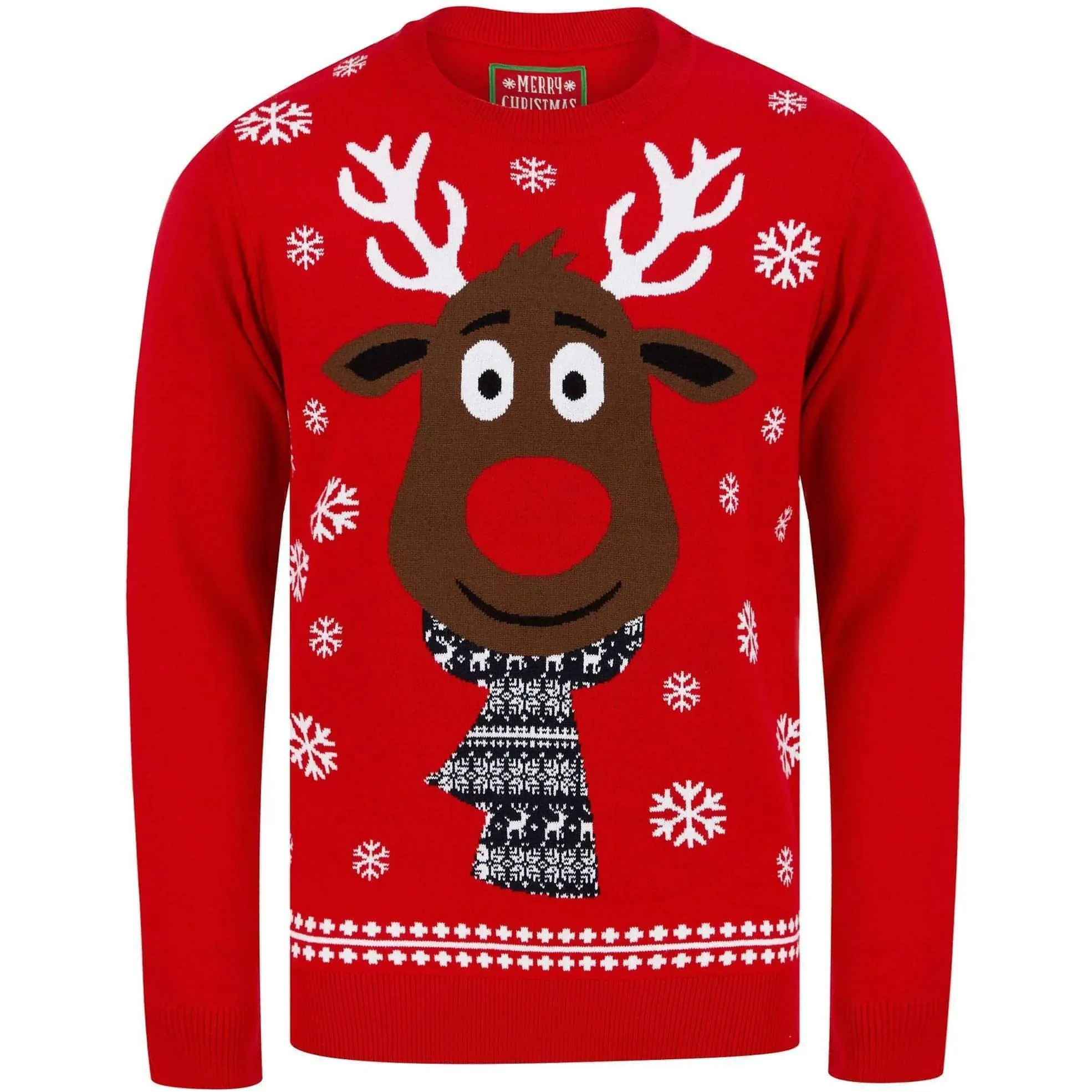 Christmas Rudolph Scarf Motif Mens Christmas Jumper - Red