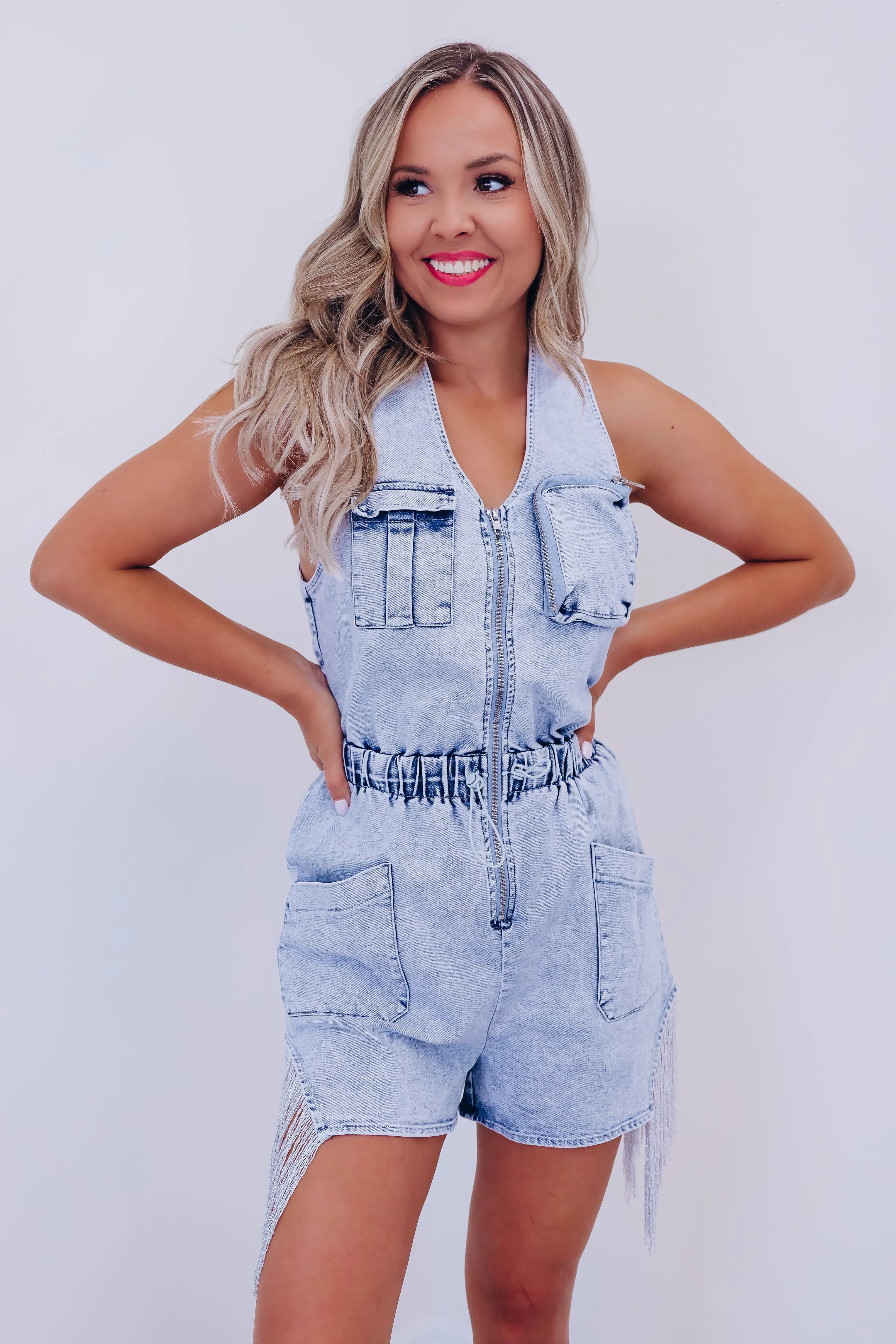 Clara Cross Back Denim Romper