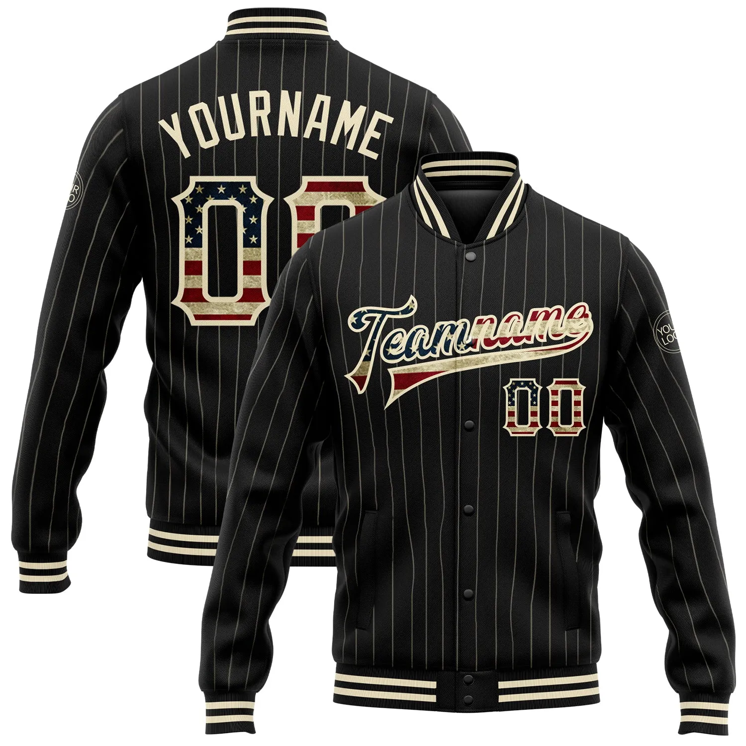 Custom Black Cream Pinstripe Vintage USA Flag Bomber Full-Snap Varsity Letterman Jacket