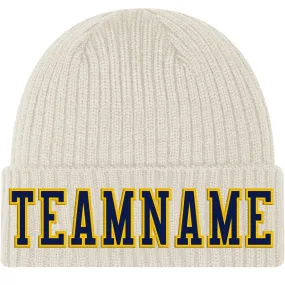 Custom Cream Navy-Gold Stitched Cuffed Knit Hat