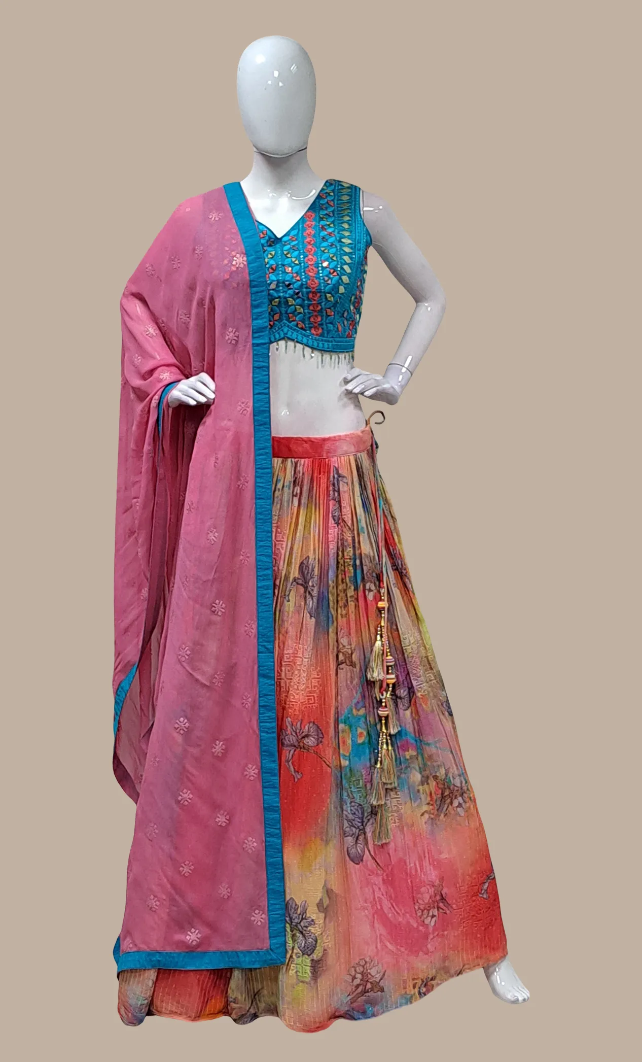 Deep Coral Embroidered Chania Choli Set