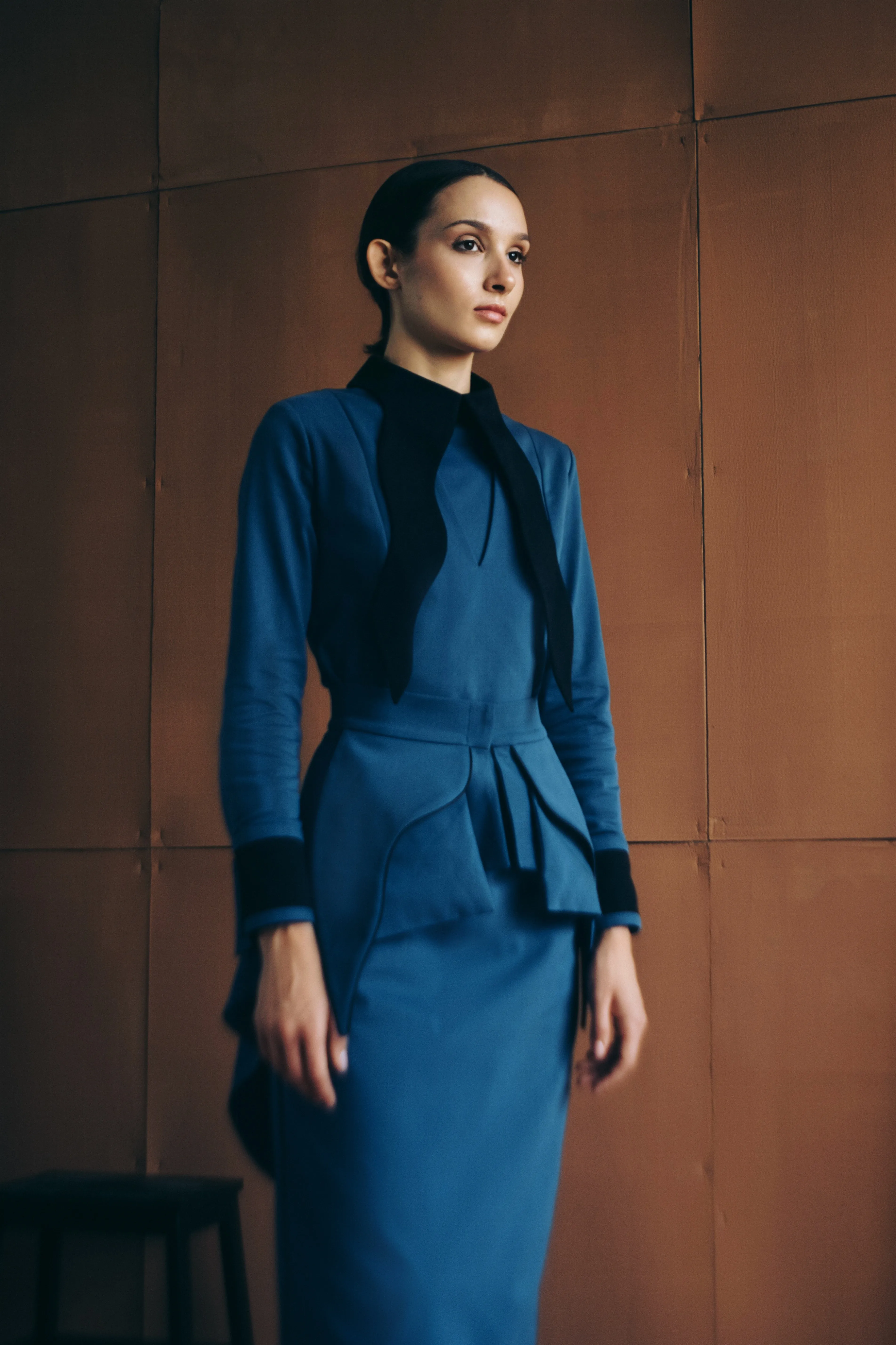 Evening Peplum Belted Dress Blue - Two-Piece Set