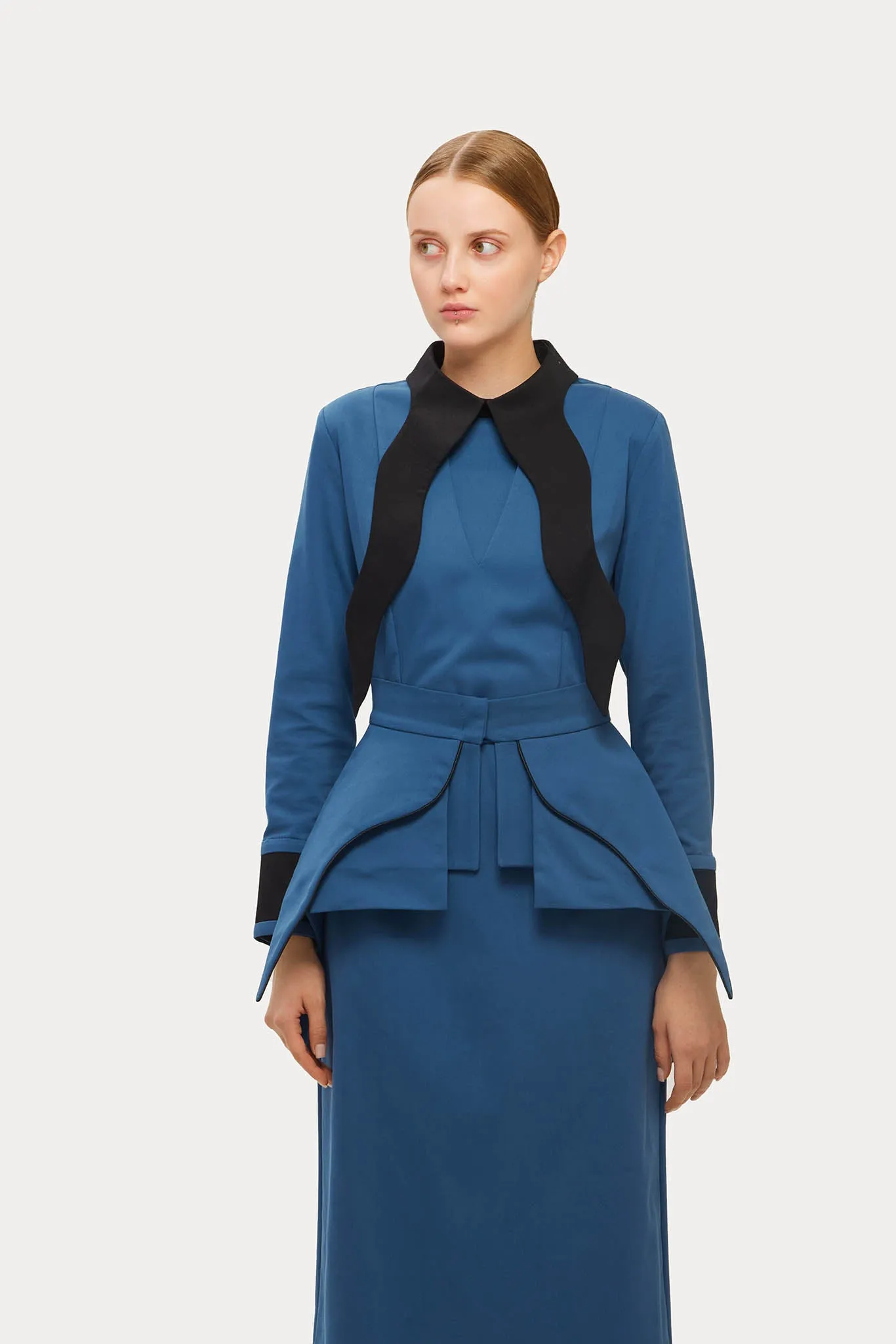 Evening Peplum Belted Dress Blue - Two-Piece Set