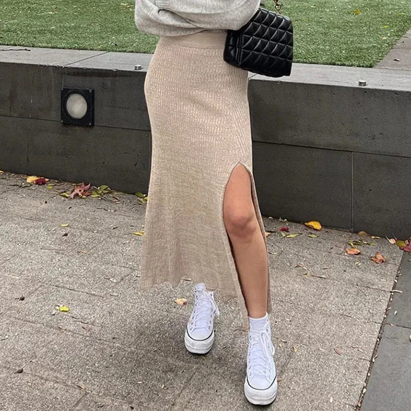 Fashion Elegant Knitted Sweater Autumn Skirt Side Slit Solid Slim High Waist Long Skirt Women Clothes Vintage A-Line