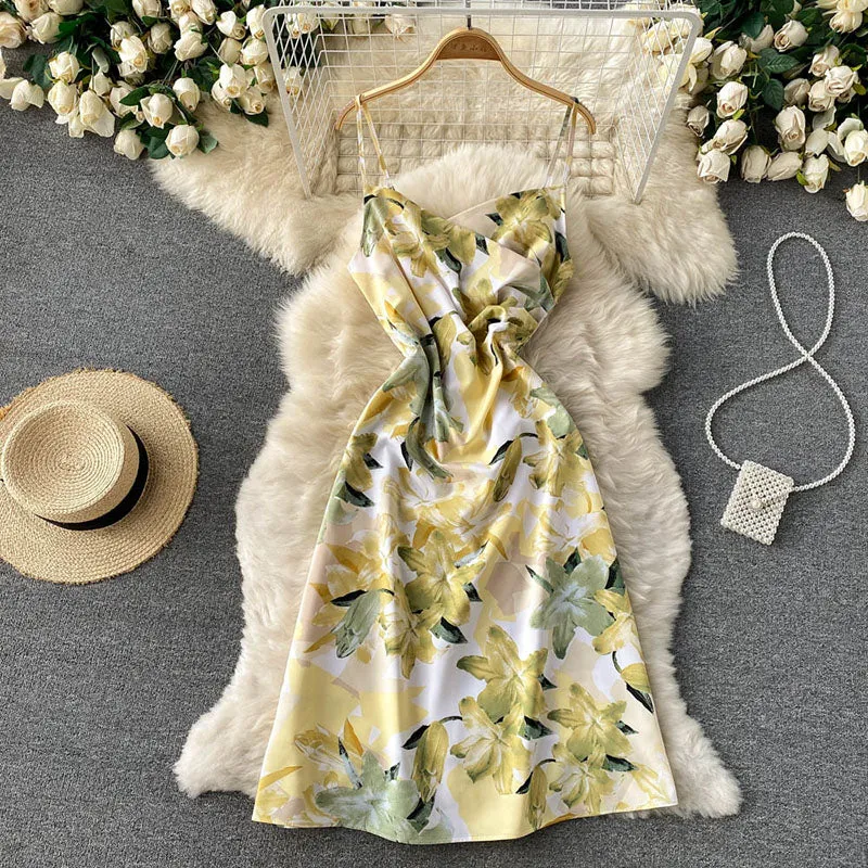 Floral Spaghetti Strap Back Zipper Midi Dress