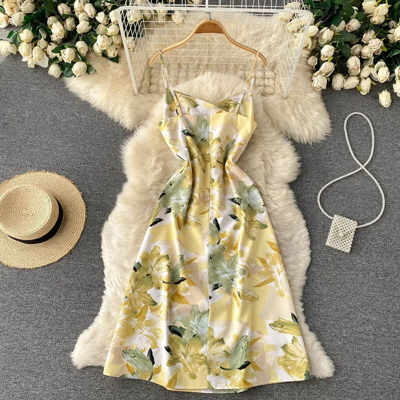 Floral Spaghetti Strap Back Zipper Midi Dress