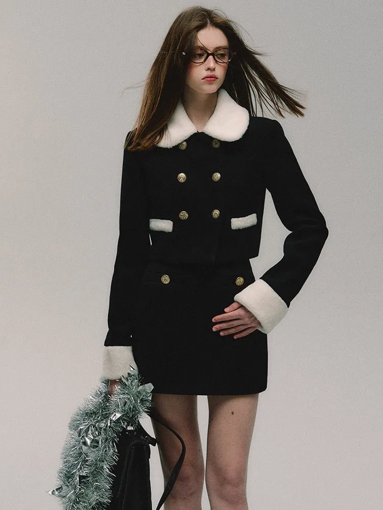 Fur Collar Double Button Short Coat ＆ Skirt