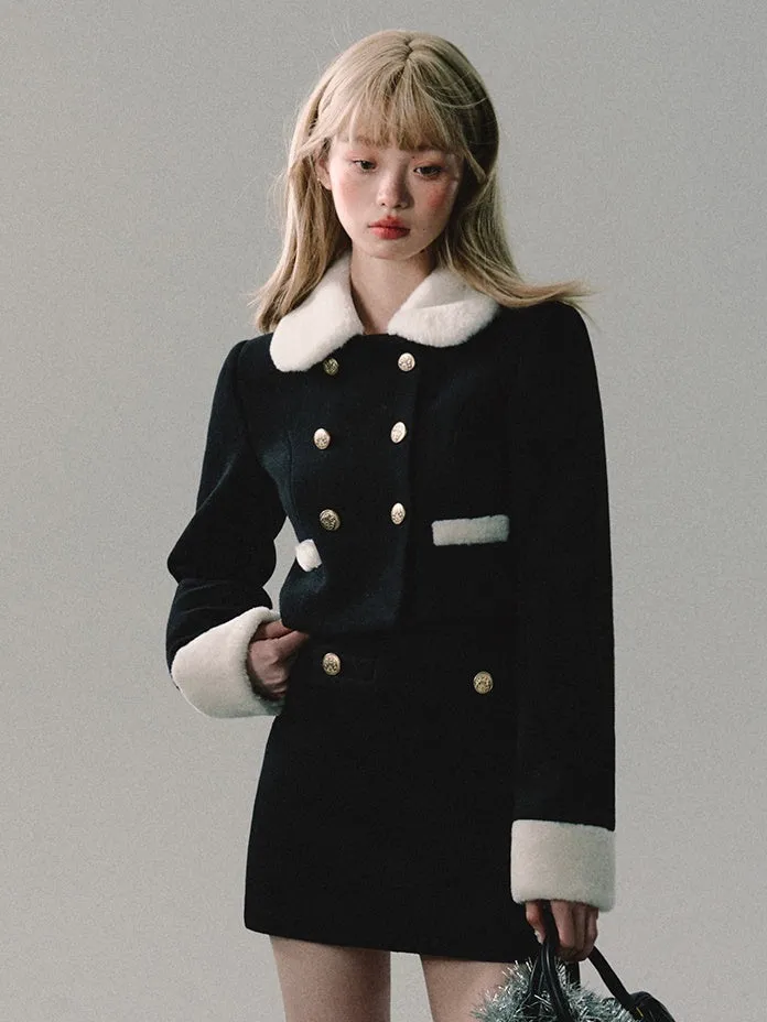 Fur Collar Double Button Short Coat ＆ Skirt