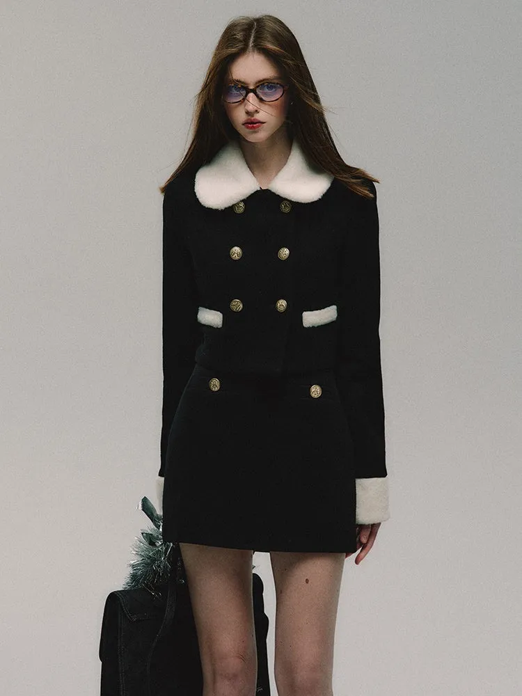 Fur Collar Double Button Short Coat ＆ Skirt