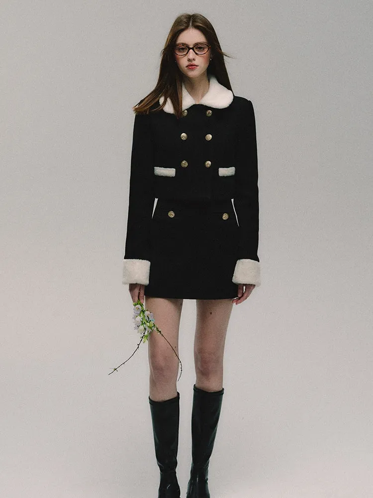 Fur Collar Double Button Short Coat ＆ Skirt