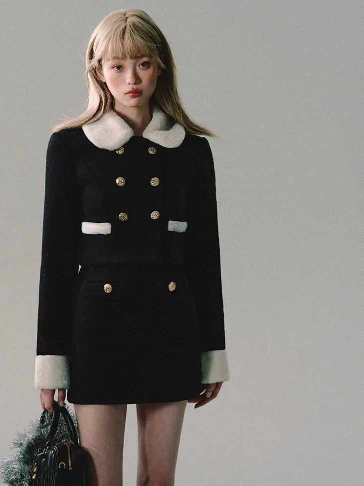 Fur Collar Double Button Short Coat ＆ Skirt